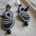 "Midnight" Orecchini viola, neri e bianchi, a soutache con perle nere e pompon