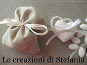 12 sacchettini portaconfetti in cotone con bomboniera in polvere di ceramica a forma di cuore per comunione, cresima o matrimonio