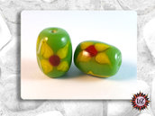 15 Perle vetro - Barile  - 18 x 13,5 mm - Colore: Verde Acido con disegni rosso, bianco e giallo