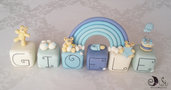 Cake topper cubi con orsetti in scala di blu e arcobaleno 6 cubi 6 lettere