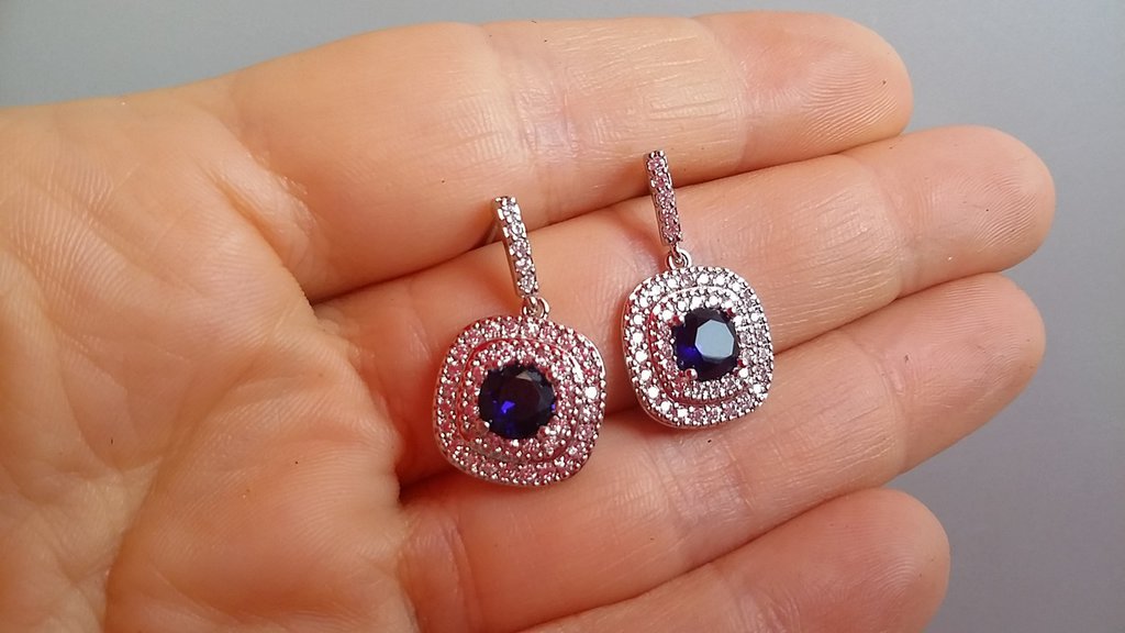 FJ Orecchini Pendenti Argento 925 Con Zirconia – Pietre Portafortuna Quadrate, Regalo Donna