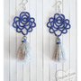 Orecchini a rosa blu con nappina, realizzati al chiacchierino, nappina pendente in lurex bianco iridescente, handmade
