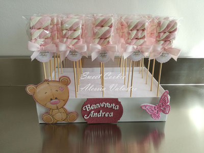 Marshmallow in stecco spiedini di caramelle per sweet table nascita  battesimo compleanno bimba bimbo