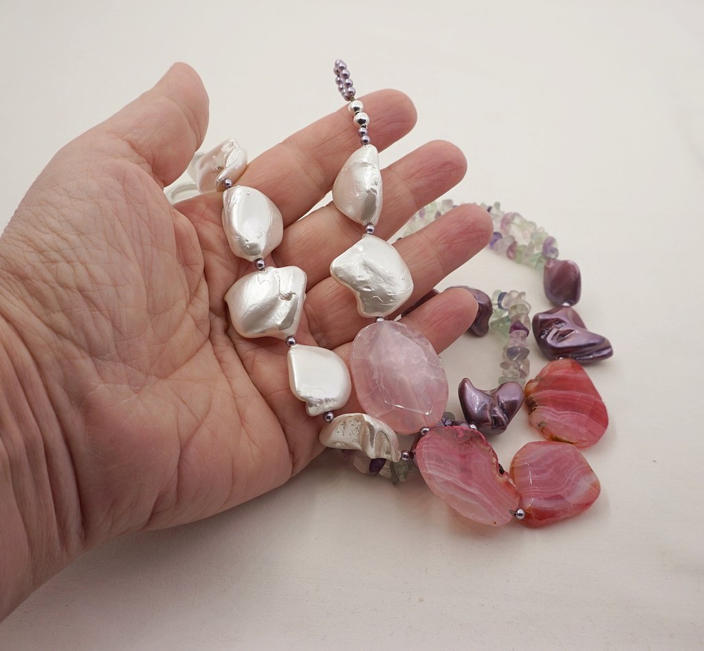 Collana Lunga 120 Cm In Pietre Semipreziose Rosa Pastello – Agata E Cristallo Di Vetro Fatte A Mano - 4