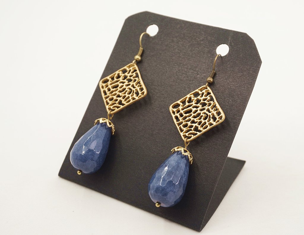 Orecchini Pendenti A Goccia In Agata Naturale Blu Pizzo E Argento 925 - Delicati E Leggeri, Ipoallergenici, Lunghi 3 Cm - Regalo In Scatola