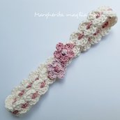 Fascetta bianco panna neonata/bambina - fiorellini rosa antico - Battesimo - fatta a mano 