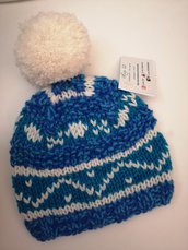 Berretto snow in lana donna/ragazzo blu e turchese con PON pon