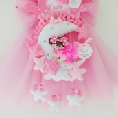 fiocco nascita personalizzato realizzato in pannolenci bambolina luna fiocco tulle colore rosa per femminuccia