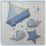 Fiocco nascita barca a vela in cotone con due balene ed una stella suo toni dell’azzurro