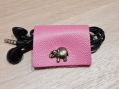porta auricolari pelle bottone elefantino cuffiette  cellulare rosa