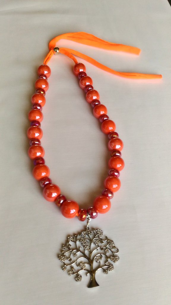 Collana Etnica Con Perle In Ceramica E Ciondolo Doppio Cerchio In Legno – Marrone, Corda Regolabile