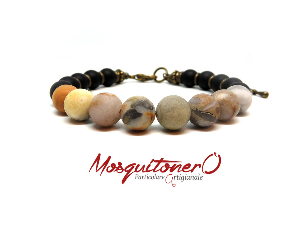 Bracciale Con Pietre Dure Onice, Pietra Lavica, Onice Sfaccettata E Ossidiana Fiocco Di Neve - Foto 4