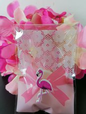 Sacchetto porta confetti con fiocchetto rosa e merletto con flamingo in legno porta fortuna 