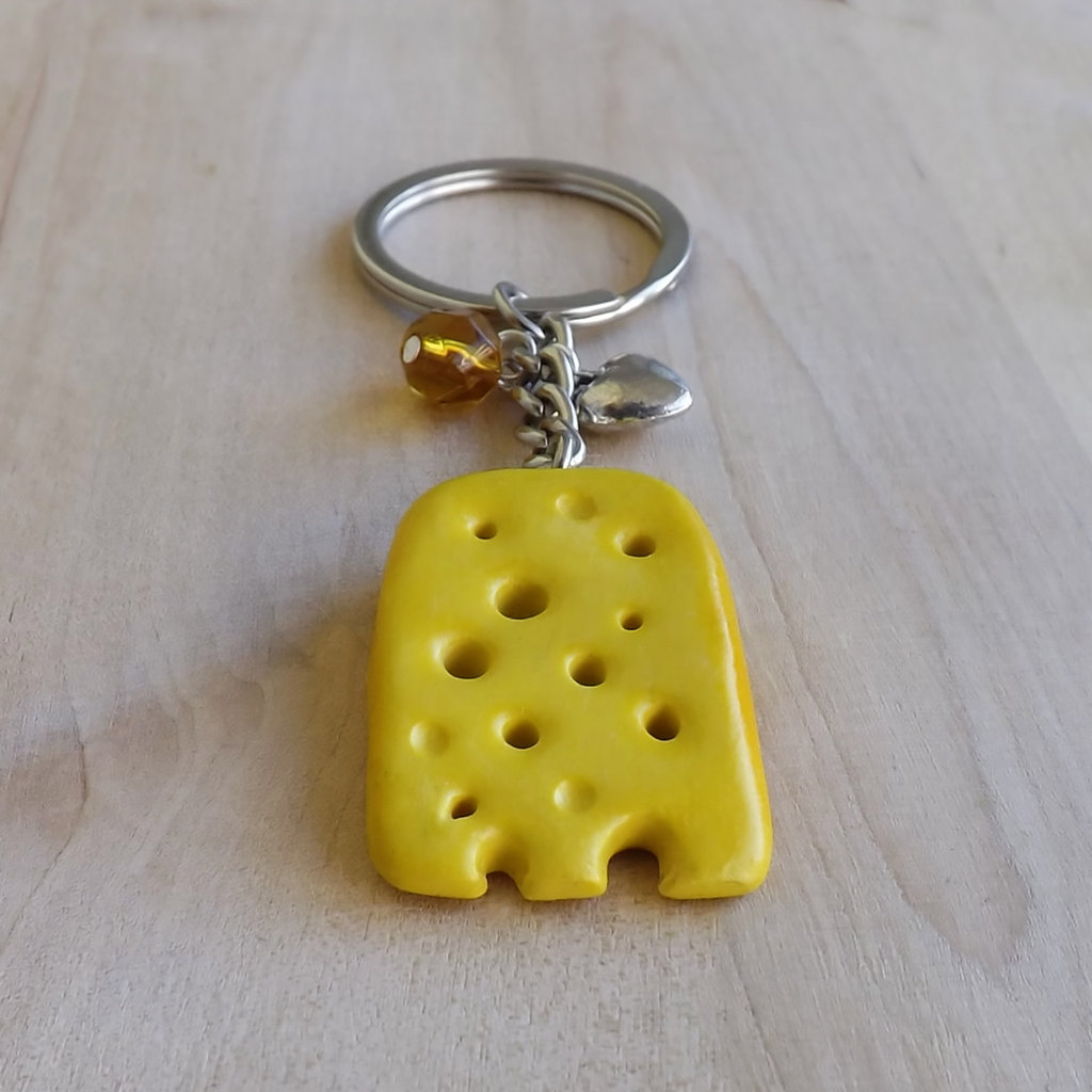 Portachiavi In Legno Nobile Fatto A Mano - Simpatico Topo Con Ciondolo Di Formaggio, Design Unico - 5