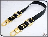 Manico per borsa, similpelle nera con anelli quadrati e moschettoni lusso - 60 cm. Finiture oro