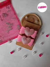 Coppia elastici per capelli con fiocco e cuore rosa glitter