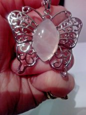 Portachiavi con ciondolo farfalla portafortuna in autentico quarzo rosa pietra dura naturale chakra cristalloterapia