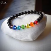 Bracciale arcobaleno perle vetro sfaccettate colorate tonde nere distanziatori acciaio