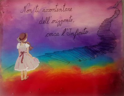 Quadro moderno con frase, bambina, arcobaleno, scala, acrilico su legno Quadro moderno con frase, bambina, arcobaleno, scala, acrilico su legno
