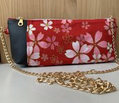 Borsetta a tracolla in simil pelle, cotone stampato giapponese con fiori, tracolla catena metallica dorata