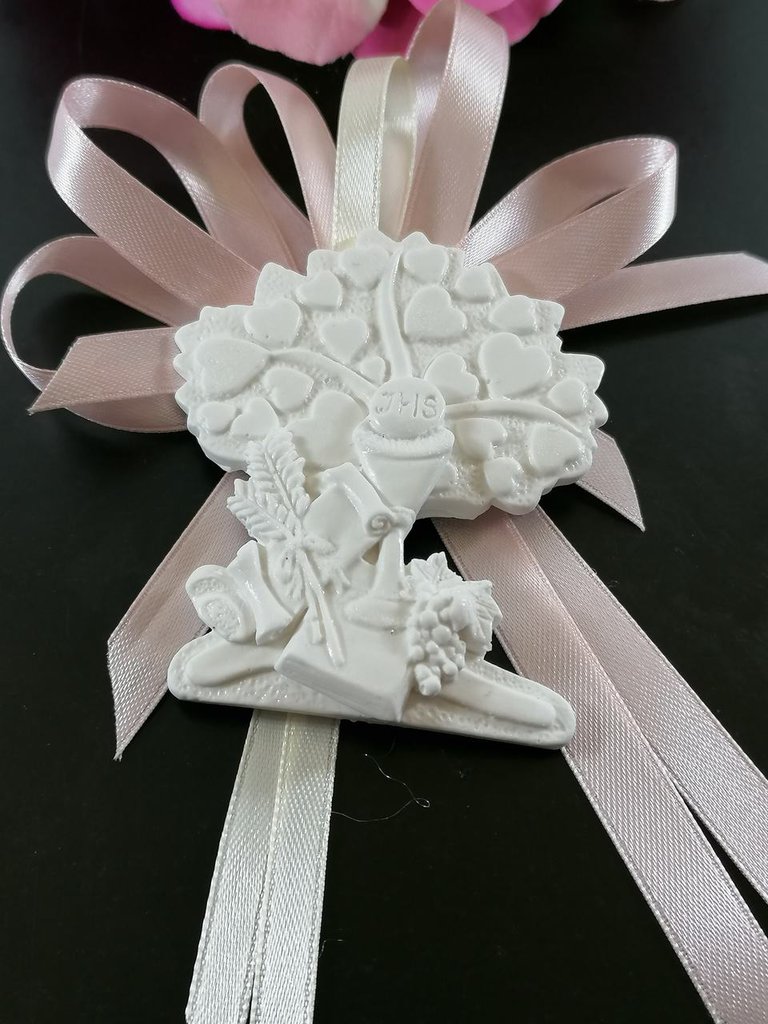 Segnaposto Albero Della Vita Cuore Con Icona Prima Comunione Gesso Ceramico Profumato