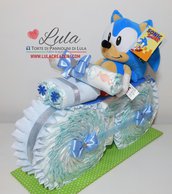Torta di pannolini MOTO grande + peluche Sonic idea regalo baby shower nascita battesimo