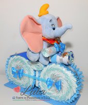 Torta di pannolini MOTO grande + peluche Dumbo idea regalo baby shower nascita battesimo