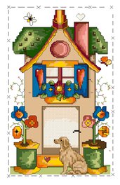 Schema punto croce : casa colorata con fiori e cagnolino