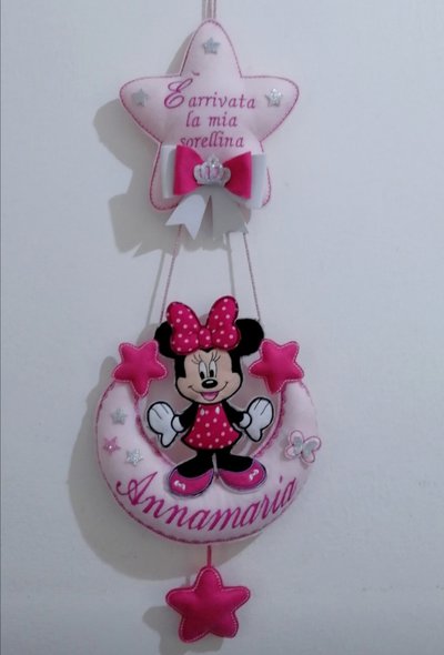 Fiocco nascita personalizzato minnie sulla luna con frase sulla stella