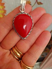 Collana in argento 925 donna con grande ciondolo pendente a goccia in autentico corallo rosso naturale chakra cristalloterapia