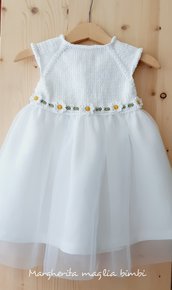 Abito vestito vestitino Battesimo bambina puro cotone, lino, tulle bianco con margherite - Daisy