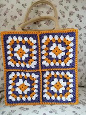 borsa juta e mattonelle granny square (arancione, bianco e viola)