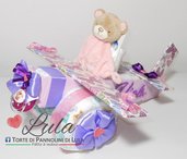 Torta di Pannolini Pampers Aereo + Doudou rosa femmina bambina - idea regalo, originale ed utile, per nascite, battesimi e compleanni