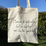 Borsa shopper in cotone ricamata a mano, con frase sull'amore