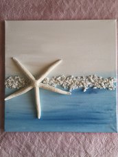 Quadro dipinto a mano su tela, con colori acrilici sui toni del blu, azzurro e bianco.  Elementi caratteristici: la stella marina e i sassi bianchi.  .