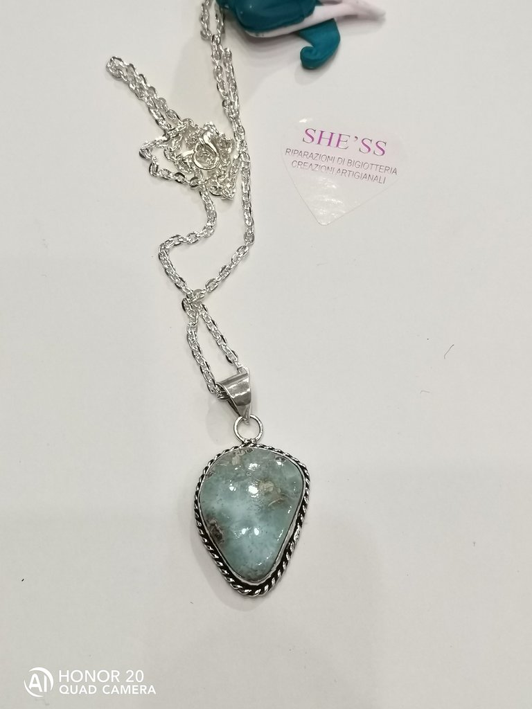 Ciondolo Larimar Argento 925 - Gemma Blu Ovale - Gioiello Artigianale India