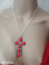 Collana croce di turchese rossa ed argento