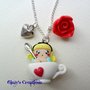 Collana con alice in fimo + tazzina con rosa