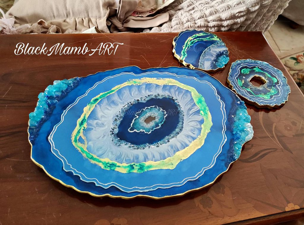 Set di 4 - Sottobicchieri effetto geode agata blu - Bevande da cucina
