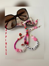 Catenella per occhiali "Happiness" con perline colorate e lettere nere