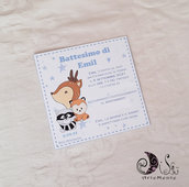 Invito battesimo card 10x10 animali del bosco personalizzabile bimbo e bimba
