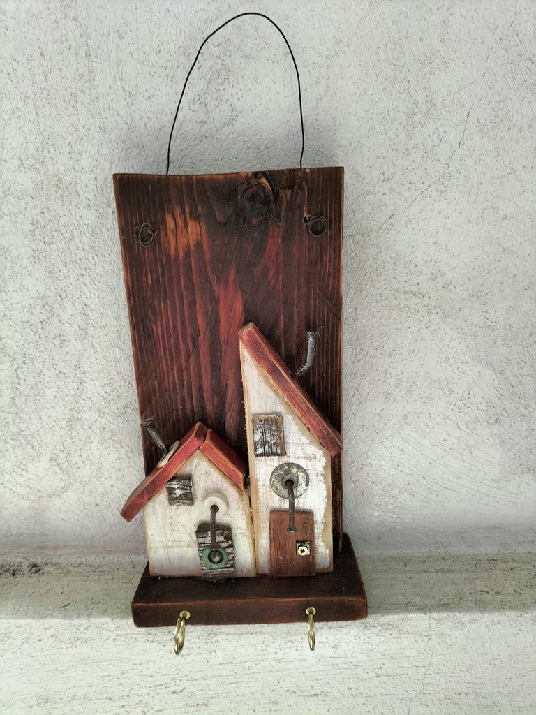 Porta Lettere E Chiavi Da Parete In Legno - Con 8 Ganci E Ripiano Bianco - Foto 4