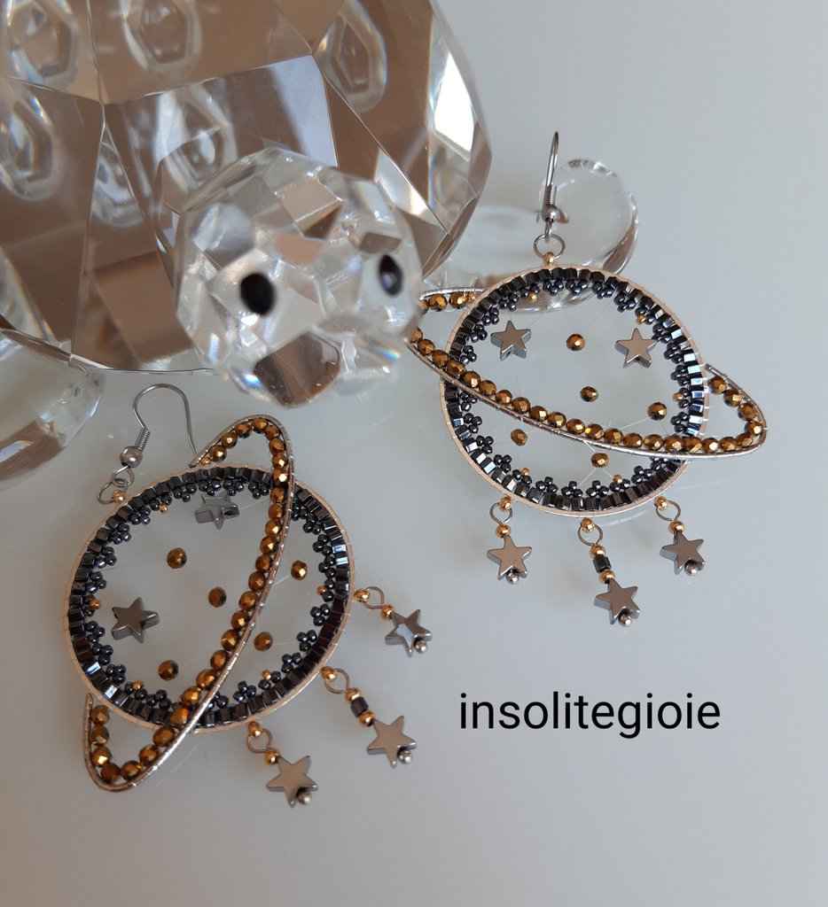 Orecchini Saturno Asimmetrici In Argento Sterling Con Inserti In Conchiglia Abalone, Gioielli Donna A Tema Spazio - 5