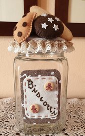 Barattolo di vetro, porta biscotti, decorato con biscotti di feltro