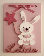 Quadretto decorativo in legno per stanza bambino con nome e decoro coniglietto con palloncino
