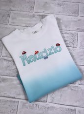 T-shirt ricamata e personalizzata - cotone bianco e acquamarina sfumato - bimbi neonati 