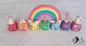 cake topper cubi con unicorni doppio arcobaleno 7 cubi 7 lettere 