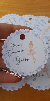 Targhette personalizzate prima comunione bambina tema ballerina , lilla bianco bigliettini prima comunione fiorellini