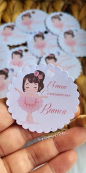 Bigliettini prima comunione tema ballerina rosa con tutù per bomboniera bambina confettata etichette sacchetti cresima compleanno 