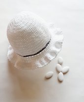 Cappellino/cappello bimba bianco con riga grigio/blu - cotone - Battesimo - Nicole